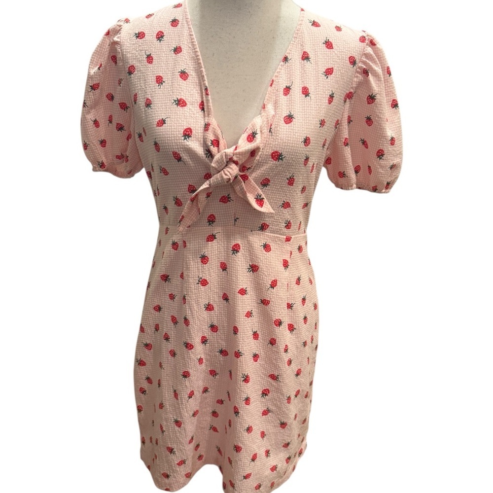 Blue Rain For Francesca's Strawberry Print Front Tie Mini Dress Size Large